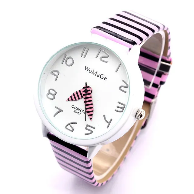 2017 New Top Brand Womage Simple Designer Zebra Crossing Stripe Cow Leather Wrist Watches Girl Children Popular Quartz Clock