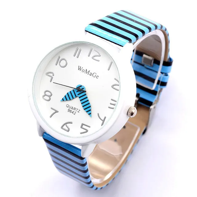 2017 New Top Brand Womage Simple Designer Zebra Crossing Stripe Cow Leather Wrist Watches Girl Children Popular Quartz Clock