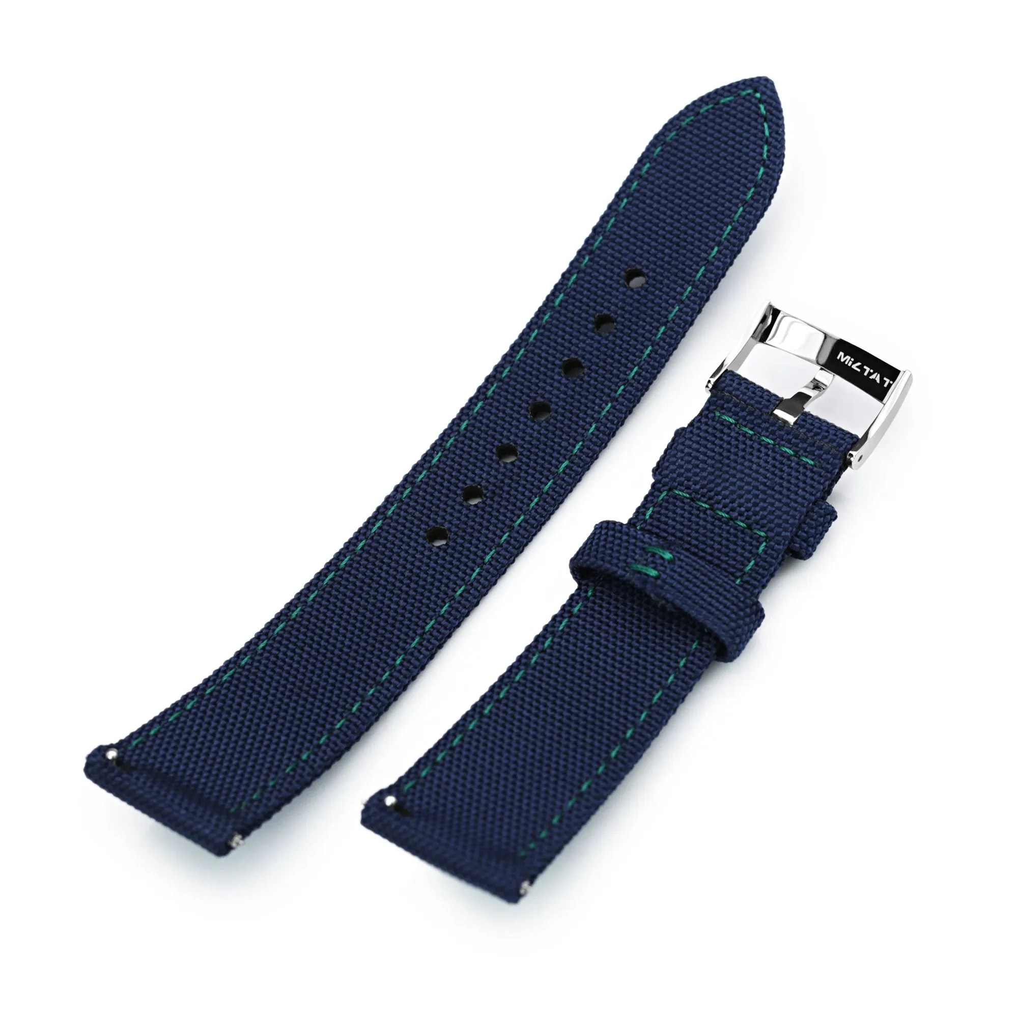 20mm Sailcloth Strap Navy Blue Quick Release Nylon Watch Band, Green Stitching