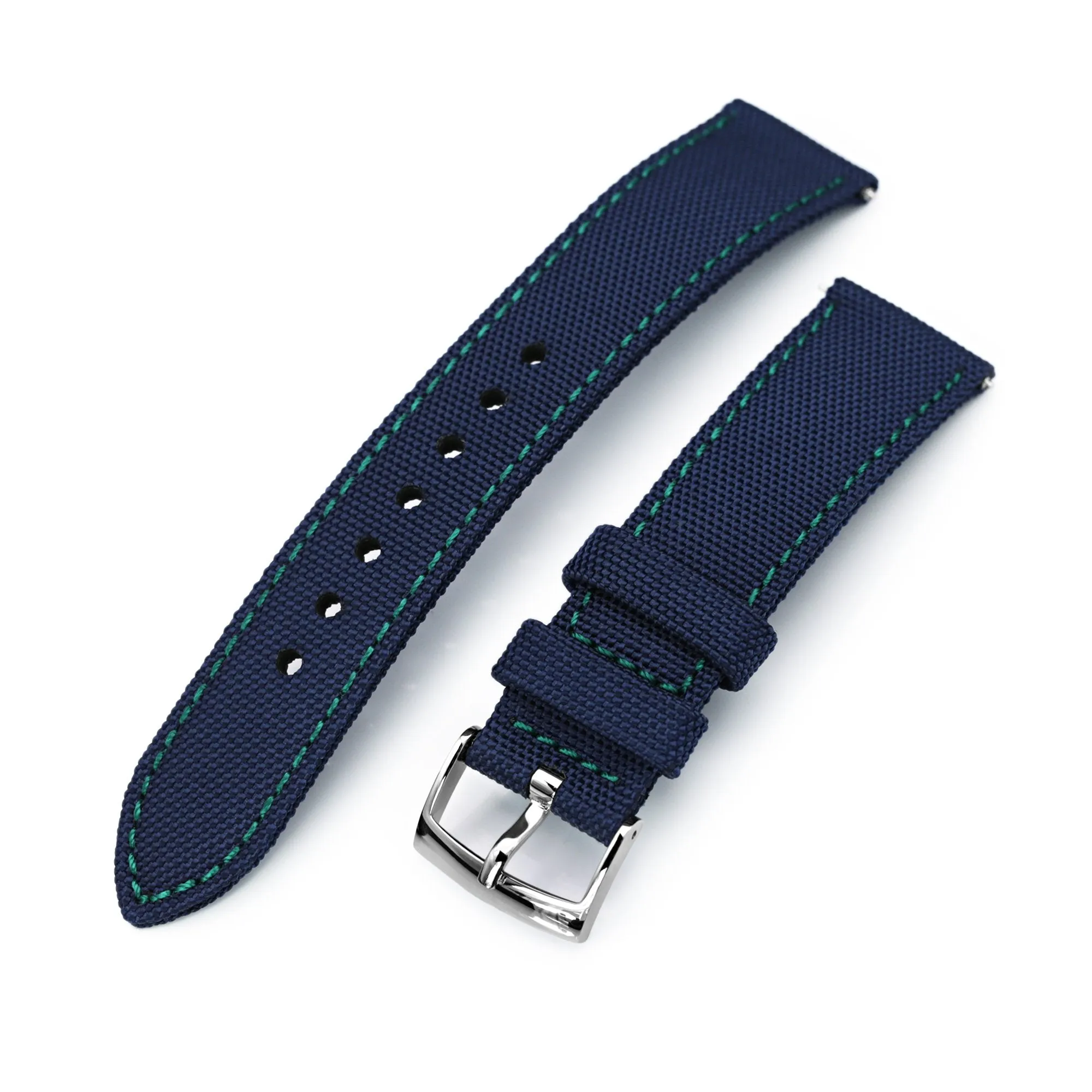 20mm Sailcloth Strap Navy Blue Quick Release Nylon Watch Band, Green Stitching