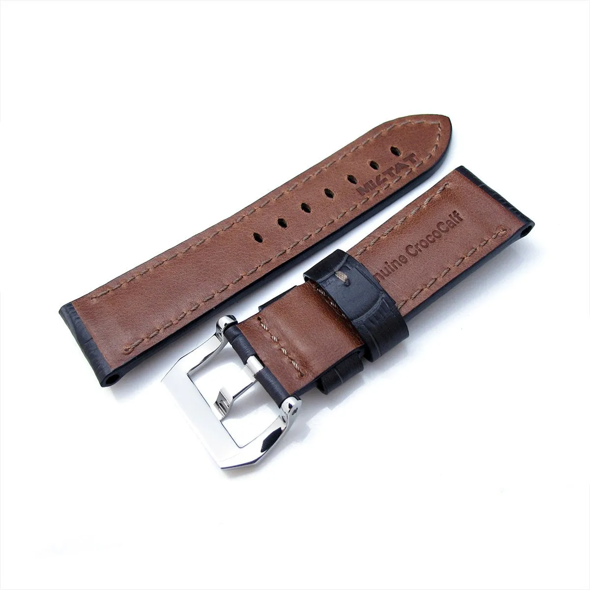 24mm CrocoCalf (Croco Grain) Matte Grey Watch Band, Polished Screw-in Buckle