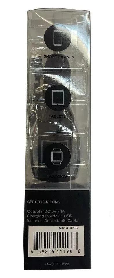 3 in 1 USB Cable w/ Retractable Power Charger for iPod, iPad & iPhone (1 Pack)