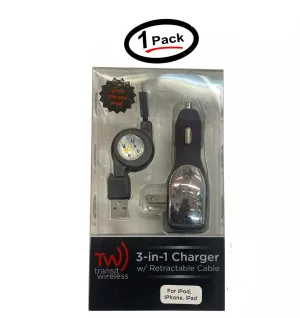 3 in 1 USB Cable w/ Retractable Power Charger for iPod, iPad & iPhone (1 Pack)