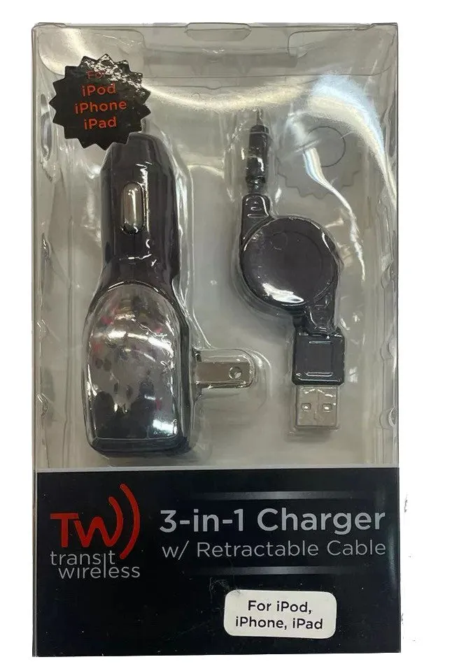 3 in 1 USB Cable w/ Retractable Power Charger for iPod, iPad & iPhone (1 Pack)