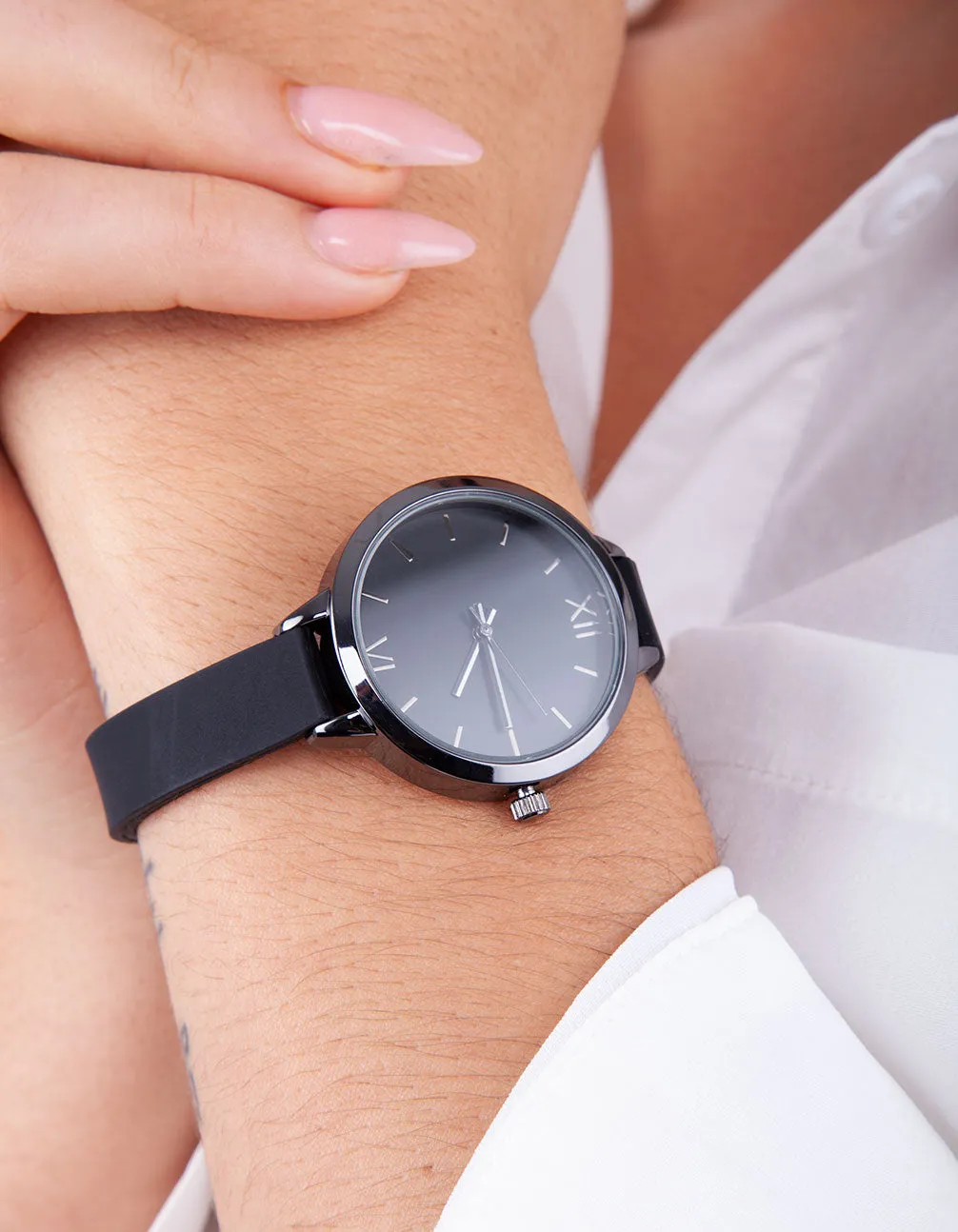 Black Skinny Faux Leather Strap Watch