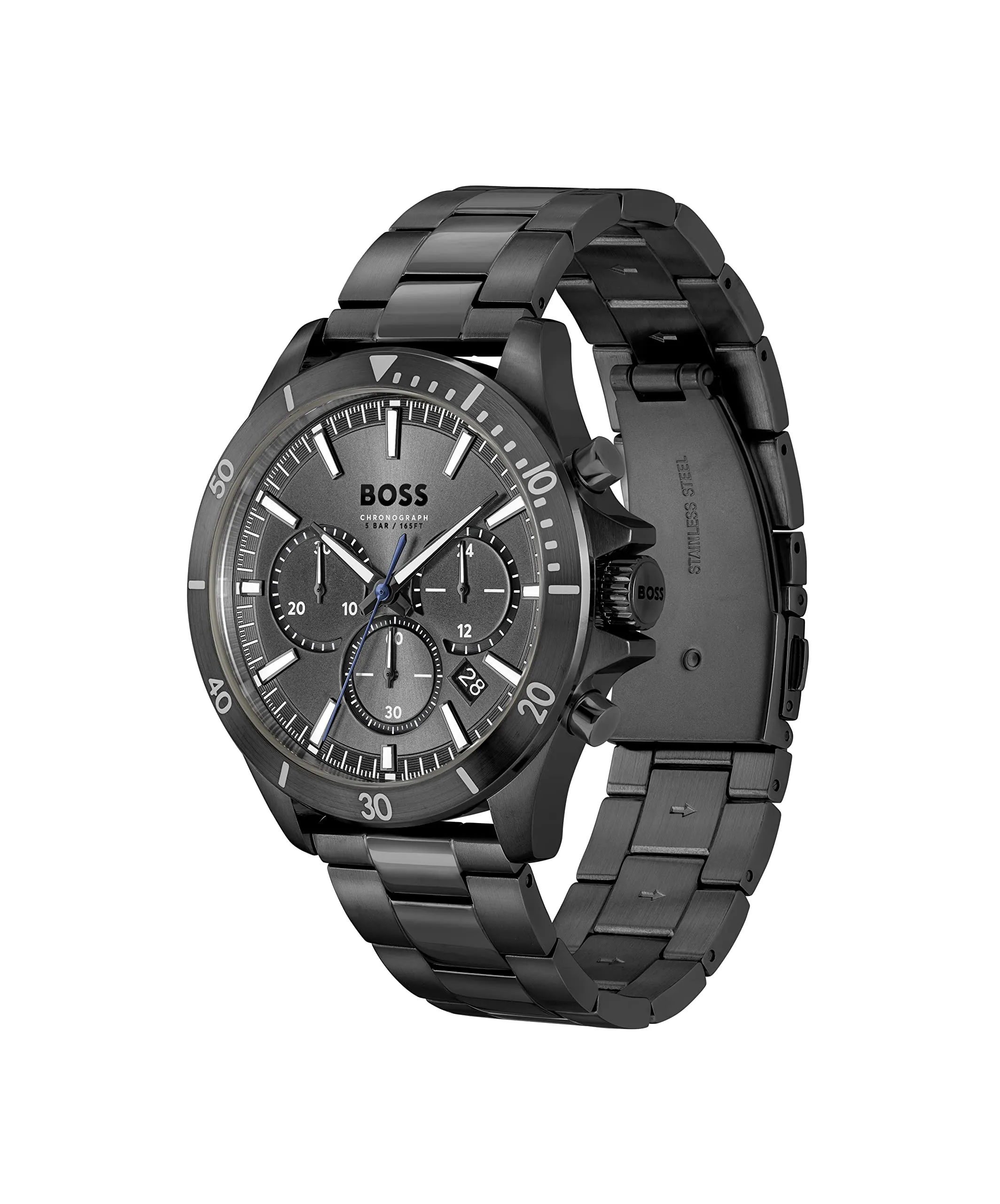 BOSS Troper Qtz Fashion Chrono Grey Round Dial Men's Watch|Ionic Plated Black Steel Material|Black Color Band - 1514058