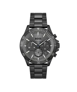 BOSS Troper Qtz Fashion Chrono Grey Round Dial Men's Watch|Ionic Plated Black Steel Material|Black Color Band - 1514058