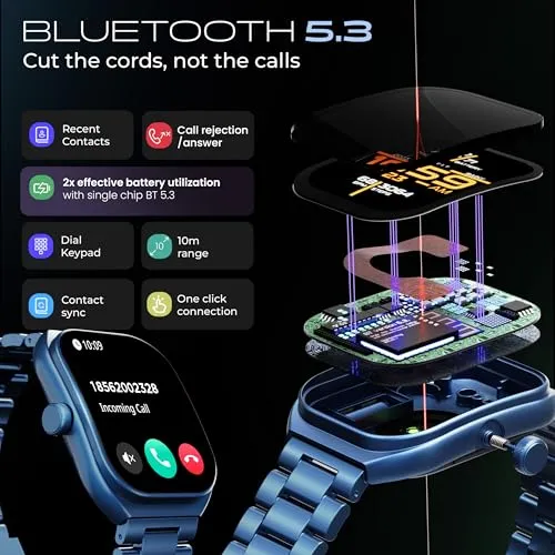 Boult Newly Launched Trail Smart Watch 2.01'' 3D Curved HD Display, Bluetooth Calling, Working Crown, 190 Watchfaces, 500 Nits Brightness, AI Voice Assistant, SpO2 Monitoring, 120  Sports Mode (Metal Blue)