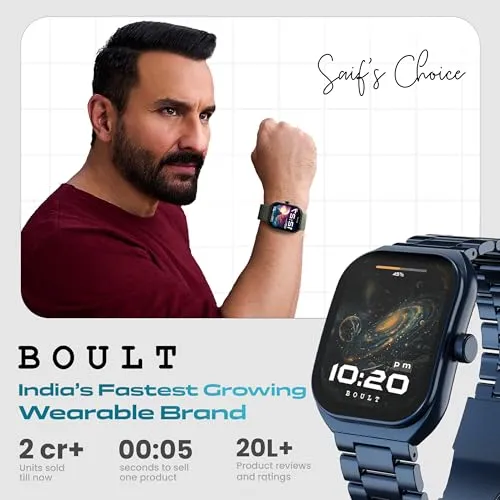 Boult Newly Launched Trail Smart Watch 2.01'' 3D Curved HD Display, Bluetooth Calling, Working Crown, 190 Watchfaces, 500 Nits Brightness, AI Voice Assistant, SpO2 Monitoring, 120  Sports Mode (Metal Blue)