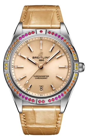 Breitling Chronomat Stainless Steel Gem-Set Beige Dial Date Automatic Womens Watch A10380611A1P1