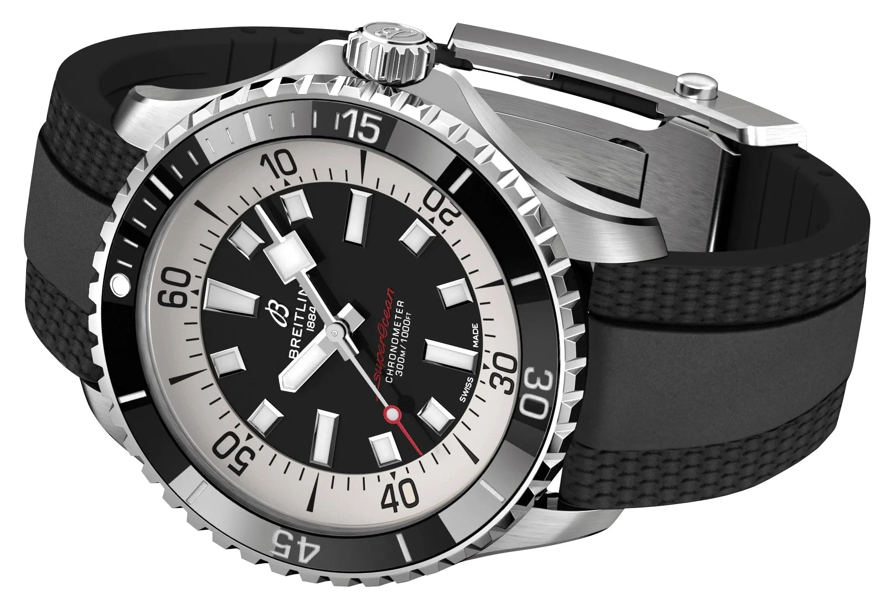 Breitling Superocean Automatic Chronometer Stainless Steel Black Dial Black Rubber Strap Divers Mens Watch A17376211B1S1