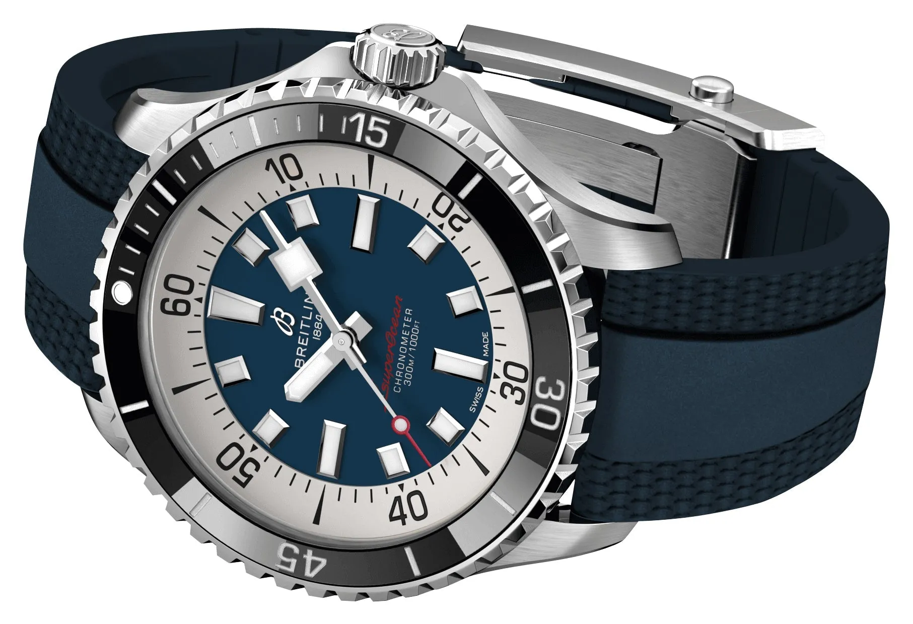 Breitling Superocean Automatic Chronometer Stainless Steel Blue Dial Blue Rubber Strap Divers Mens Watch A17376211C1S1