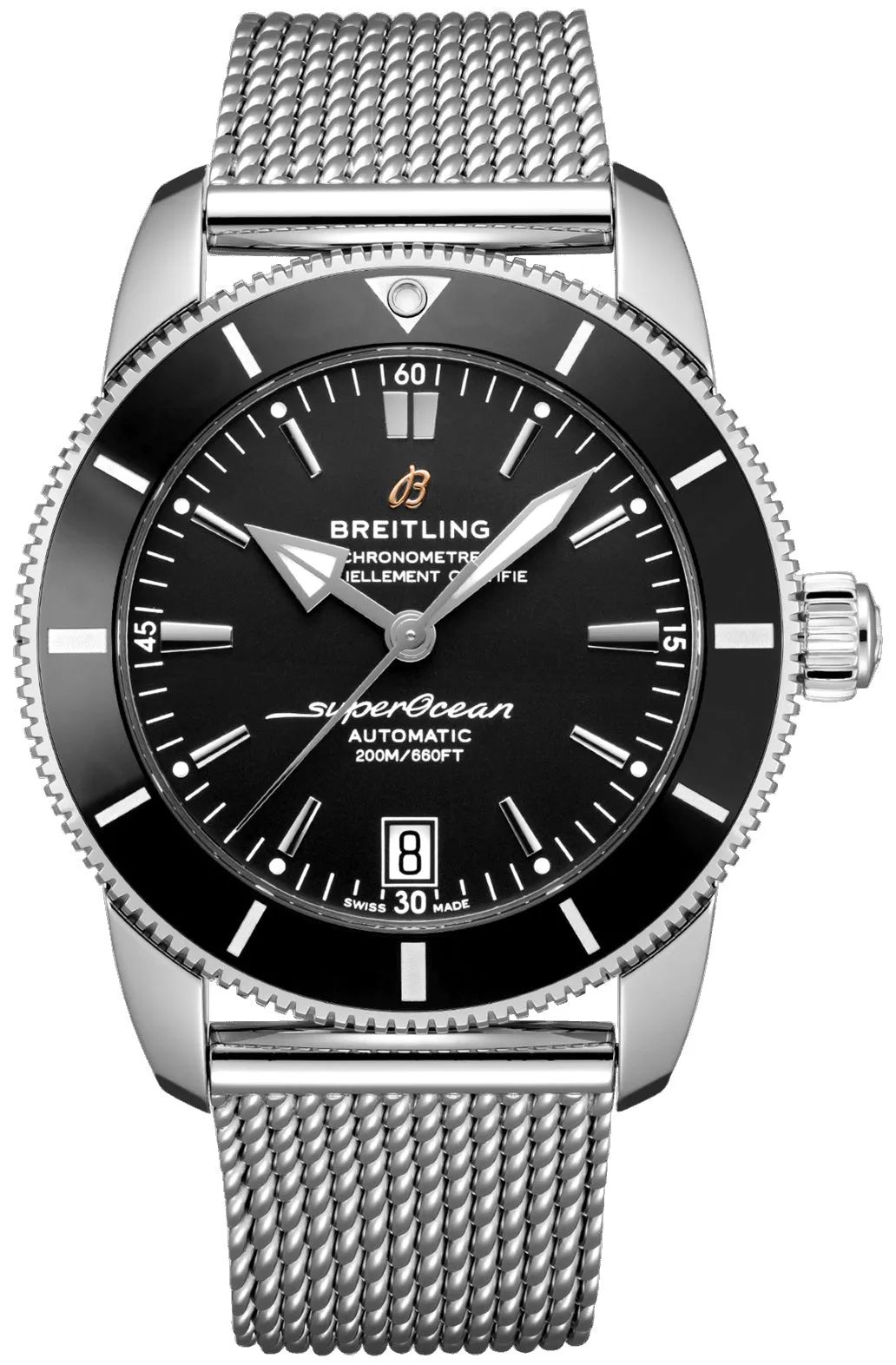 Breitling Superocean Heritage Automatic Chronometer Stainless Steel Mesh Black Dial Date Divers Mens Watch Special Edition AB2010121B1A1