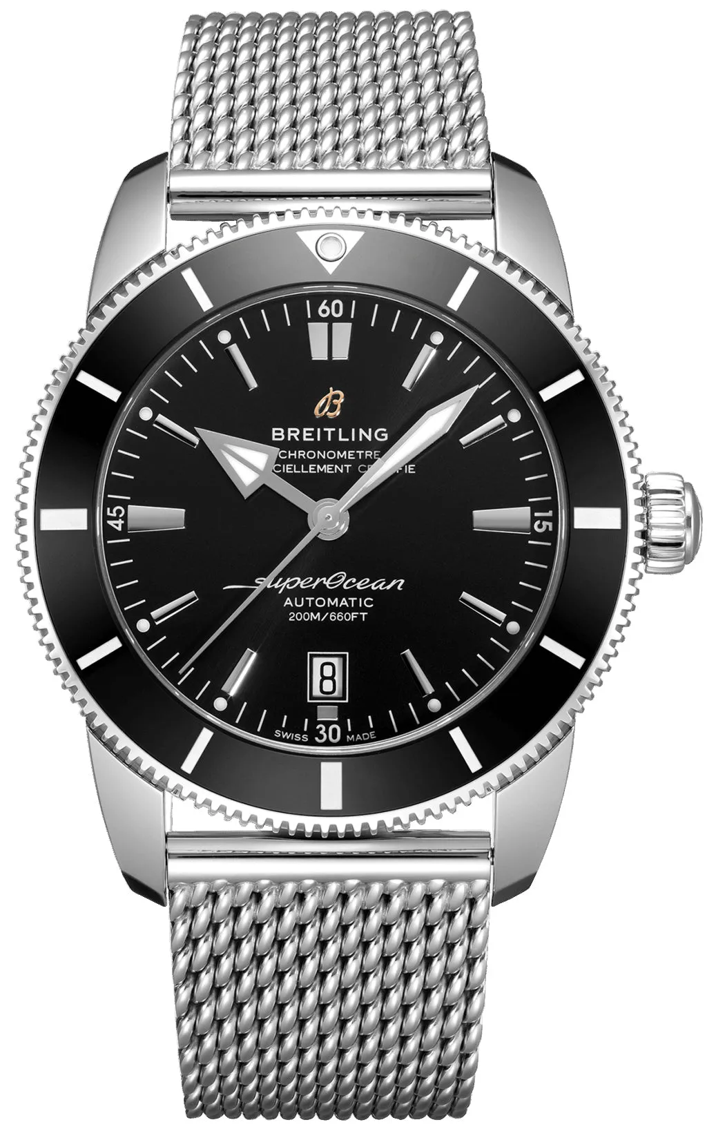 Breitling Superocean Heritage Automatic Chronometer Stainless Steel Mesh Black Dial Date Divers Mens Watch Special Edition AB2020121B1A1