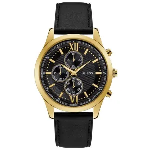 Guess Hudson Black Leather Strap Black Dial Chronograph Quartz Watch for Gents - W0876G5