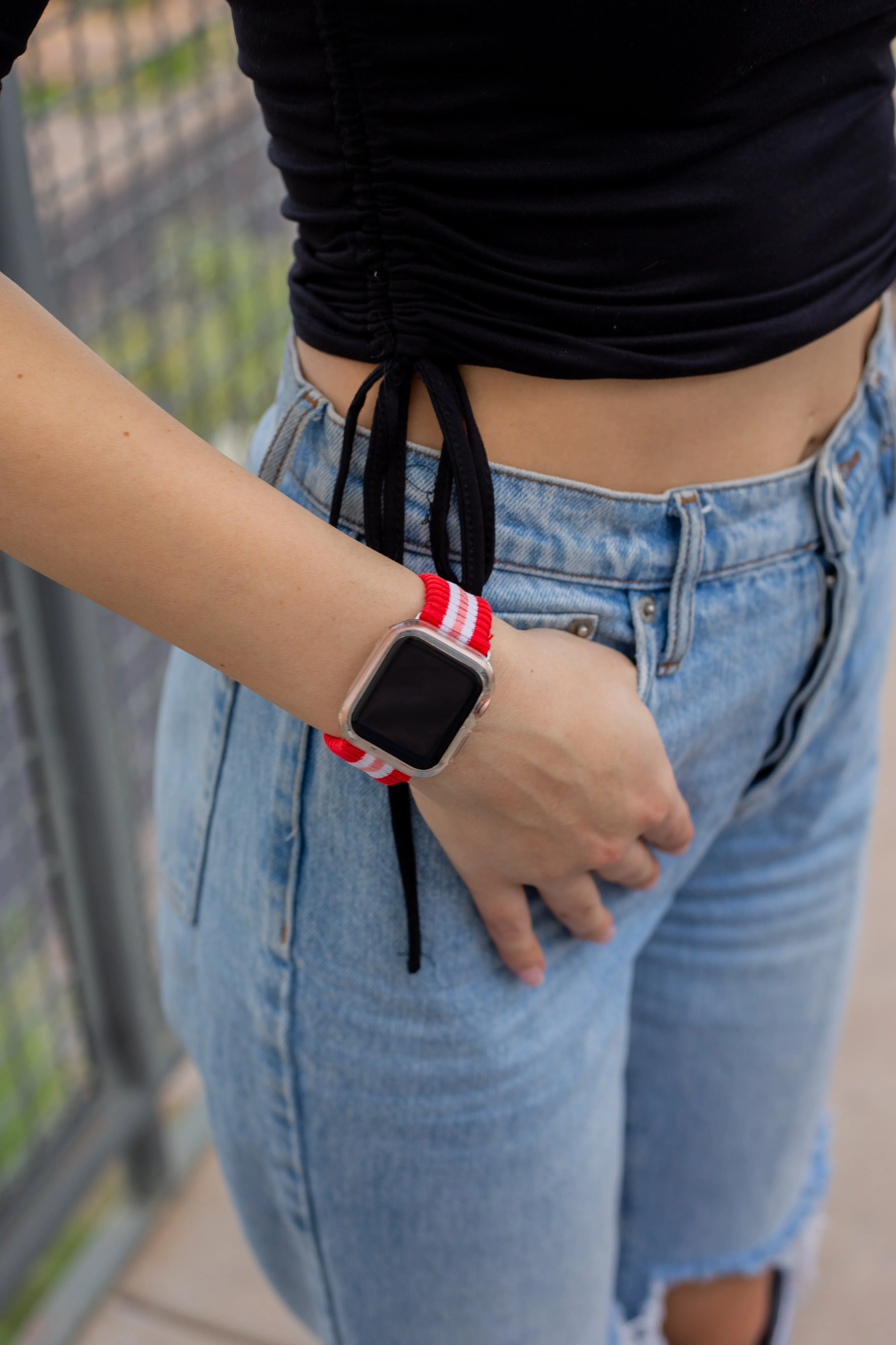 Knit Apple Watch Band - Varsity Red   Pink Stripe