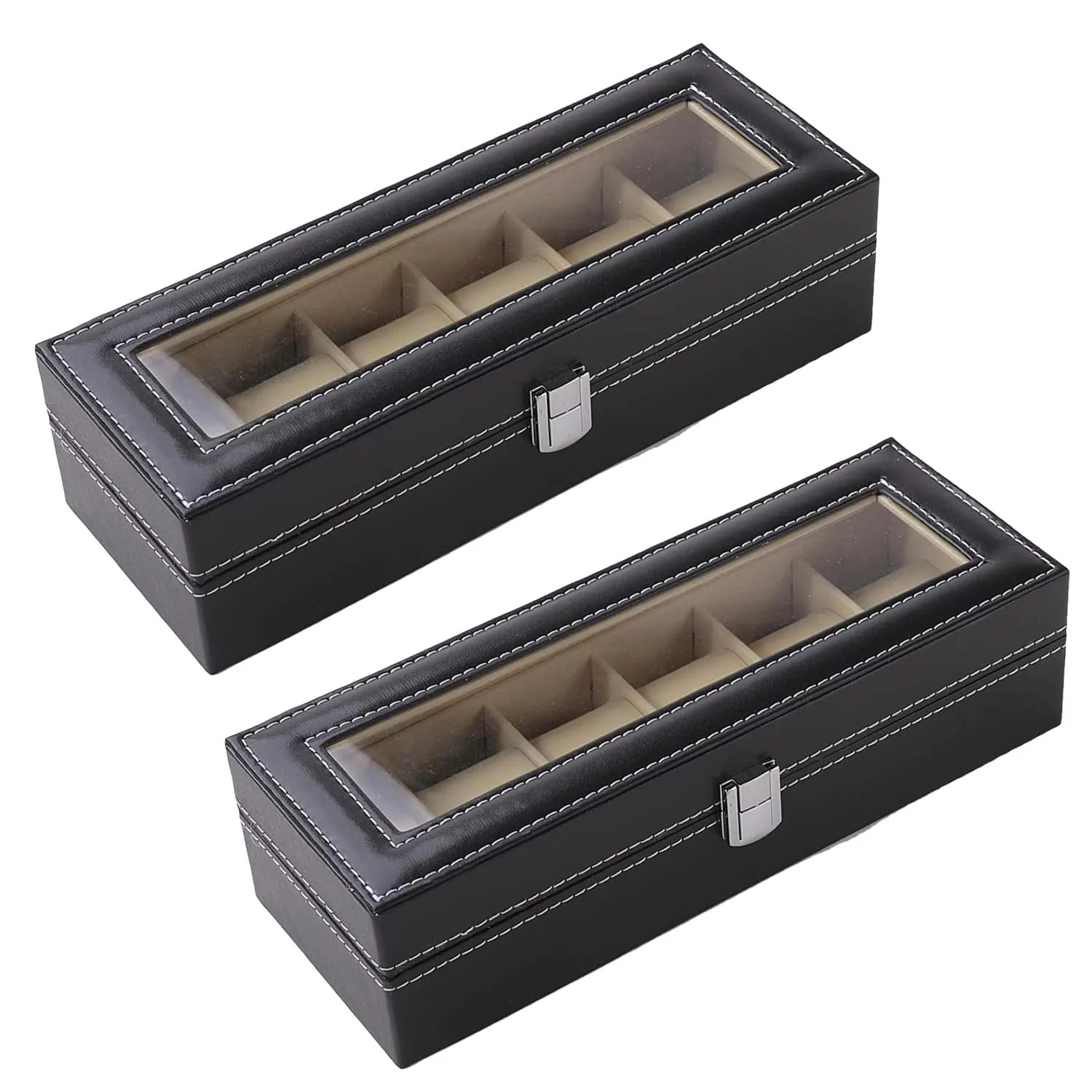 Kuber Industries 6 Slots Watch Organizer|Watch Storage Box For Men & Women|Secure Closer|Wrist Watch Display BoxBlack|pack of 2|