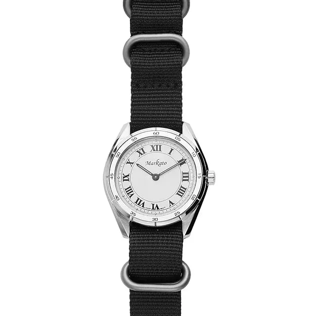 MARKATO Watch with White Dial & Black Fabric Strap