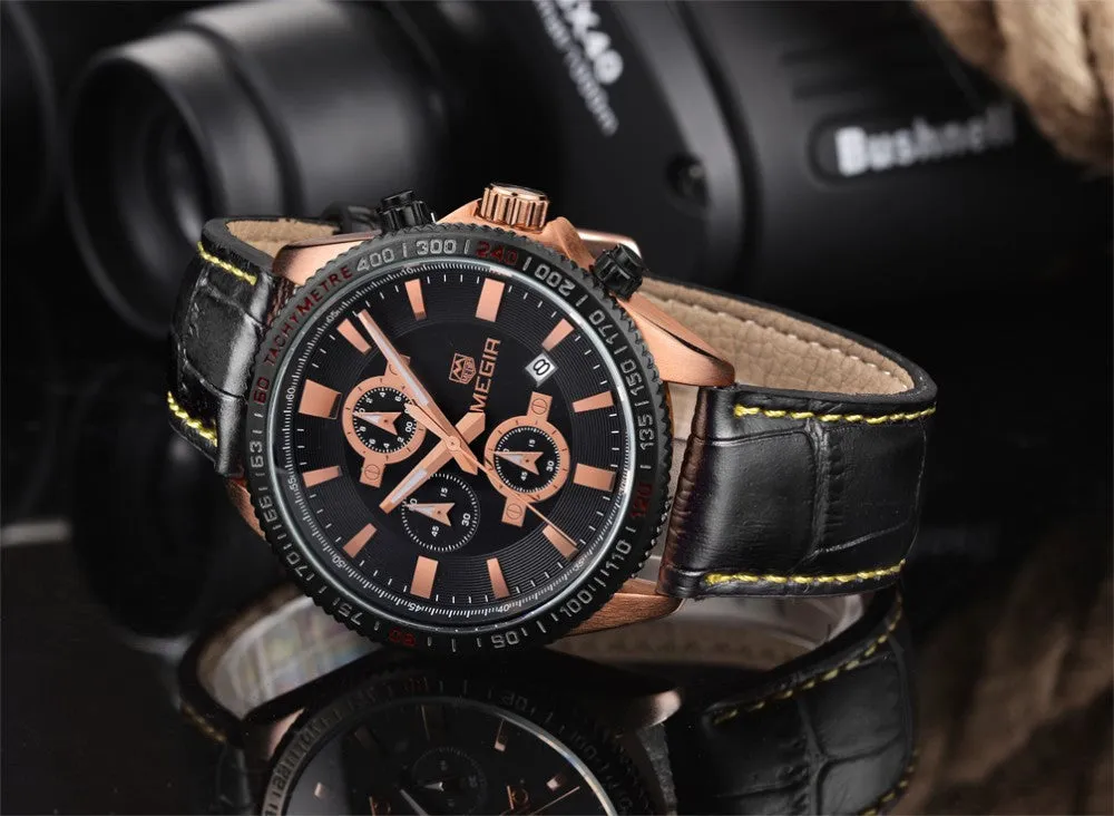 Megir New Chronograph Function Sport Watch Men Luxury Brand Watches Genuine Leather Quartz Casual Watch Men Wristwatch