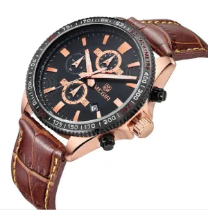 Megir New Chronograph Function Sport Watch Men Luxury Brand Watches Genuine Leather Quartz Casual Watch Men Wristwatch