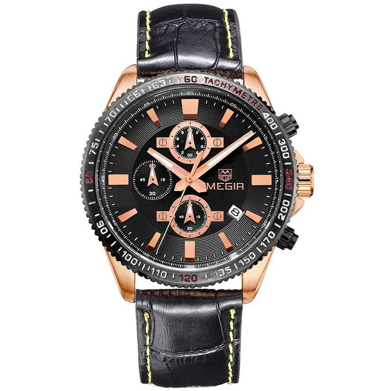 Megir New Chronograph Function Sport Watch Men Luxury Brand Watches Genuine Leather Quartz Casual Watch Men Wristwatch