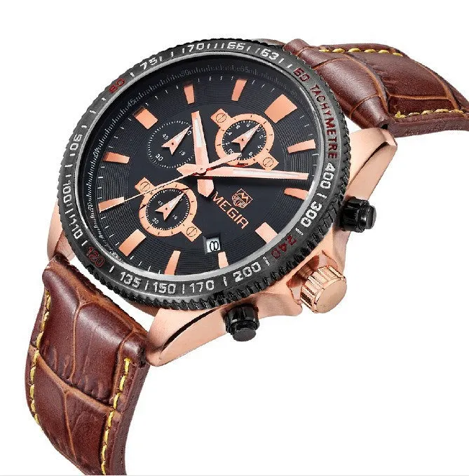 Megir New Chronograph Function Sport Watch Men Luxury Brand Watches Genuine Leather Quartz Casual Watch Men Wristwatch