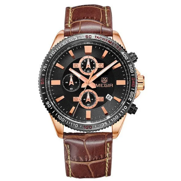 Megir New Chronograph Function Sport Watch Men Luxury Brand Watches Genuine Leather Quartz Casual Watch Men Wristwatch