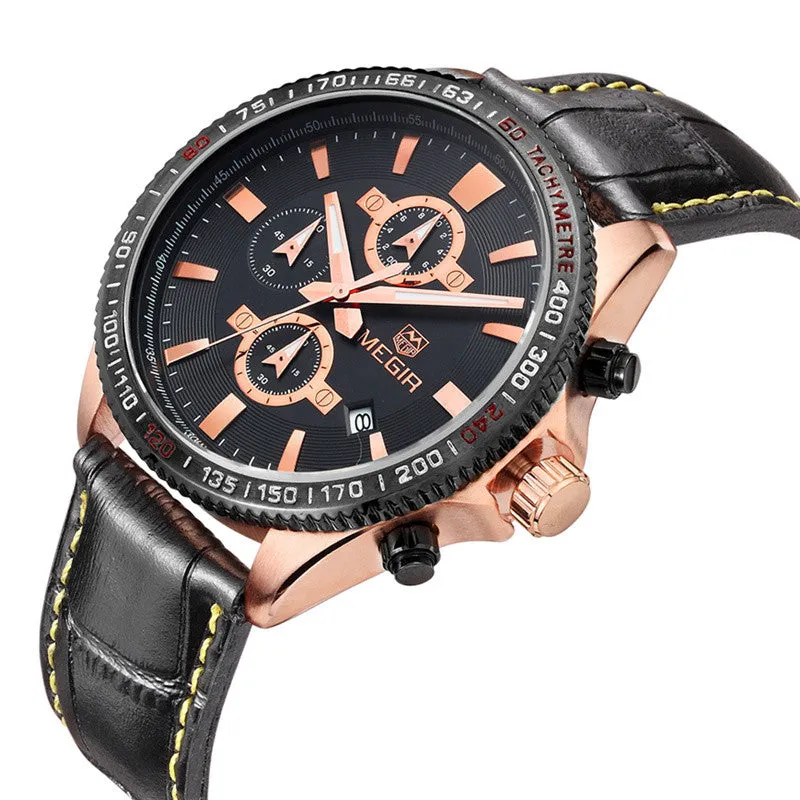 Megir New Chronograph Function Sport Watch Men Luxury Brand Watches Genuine Leather Quartz Casual Watch Men Wristwatch