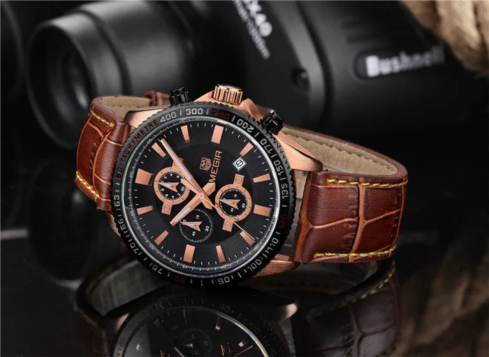 Megir New Chronograph Function Sport Watch Men Luxury Brand Watches Genuine Leather Quartz Casual Watch Men Wristwatch