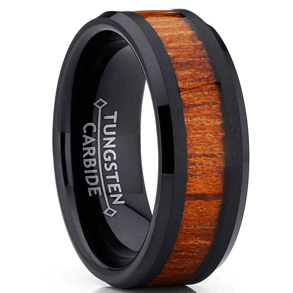 Men's Black Tungsten Carbide Wedding Band Ring, Real Wood Inlay Comfort Fit 8Mm 8