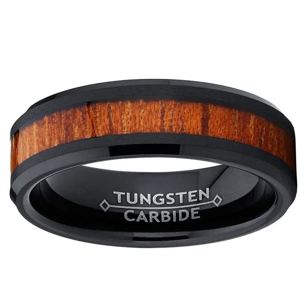 Men's Black Tungsten Carbide Wedding Band Ring, Real Wood Inlay Comfort Fit 8Mm 8