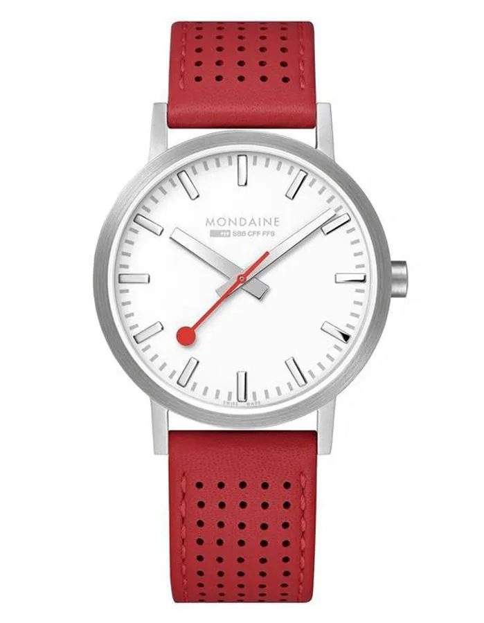 Mondaine Womens Classic Watch - Stainless Steel - White Dial - Red Leather Strap