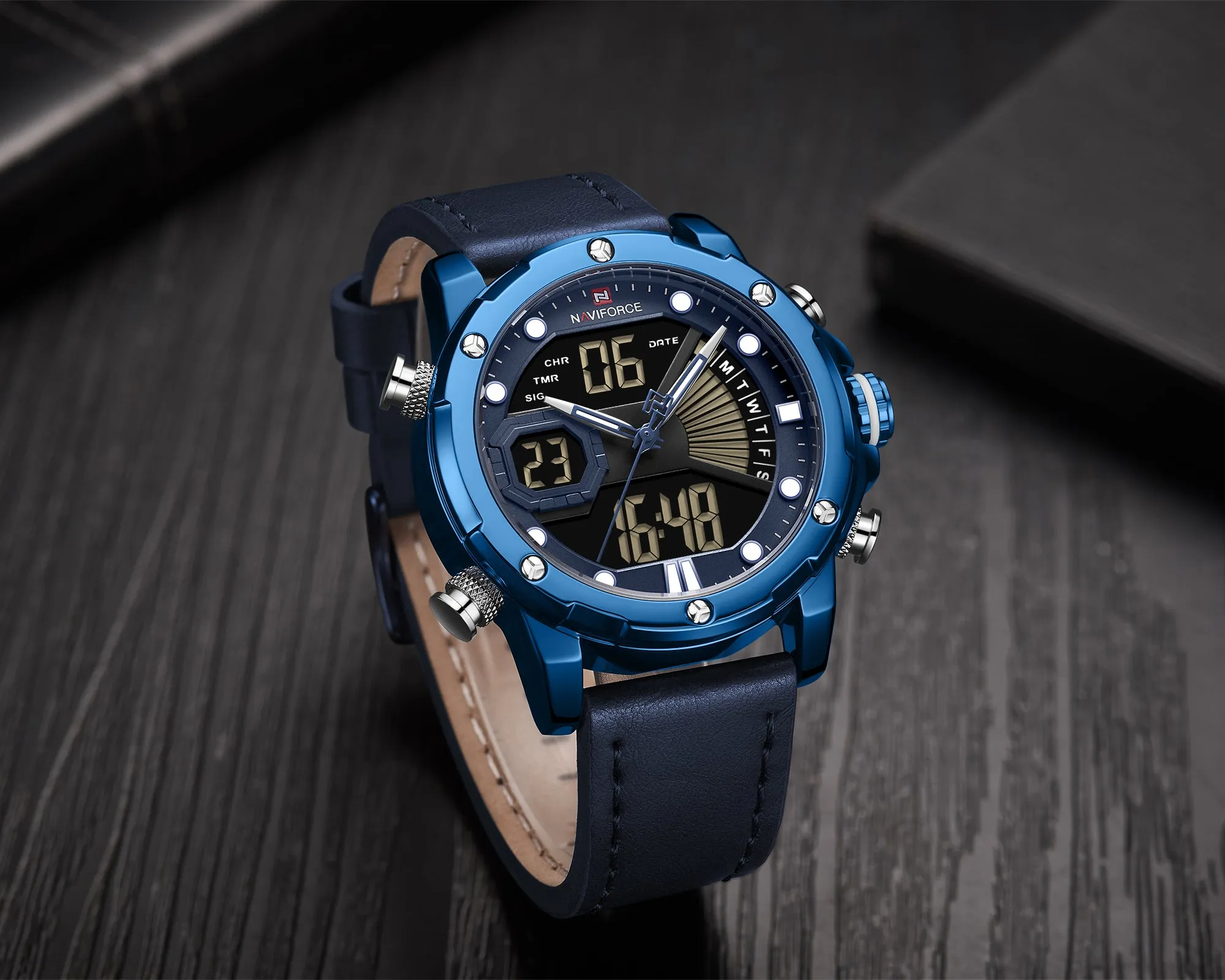 NAVIFORCE Men Military Sport Digital Watch Leather Strap Waterproof Quartz Watches NF9172L