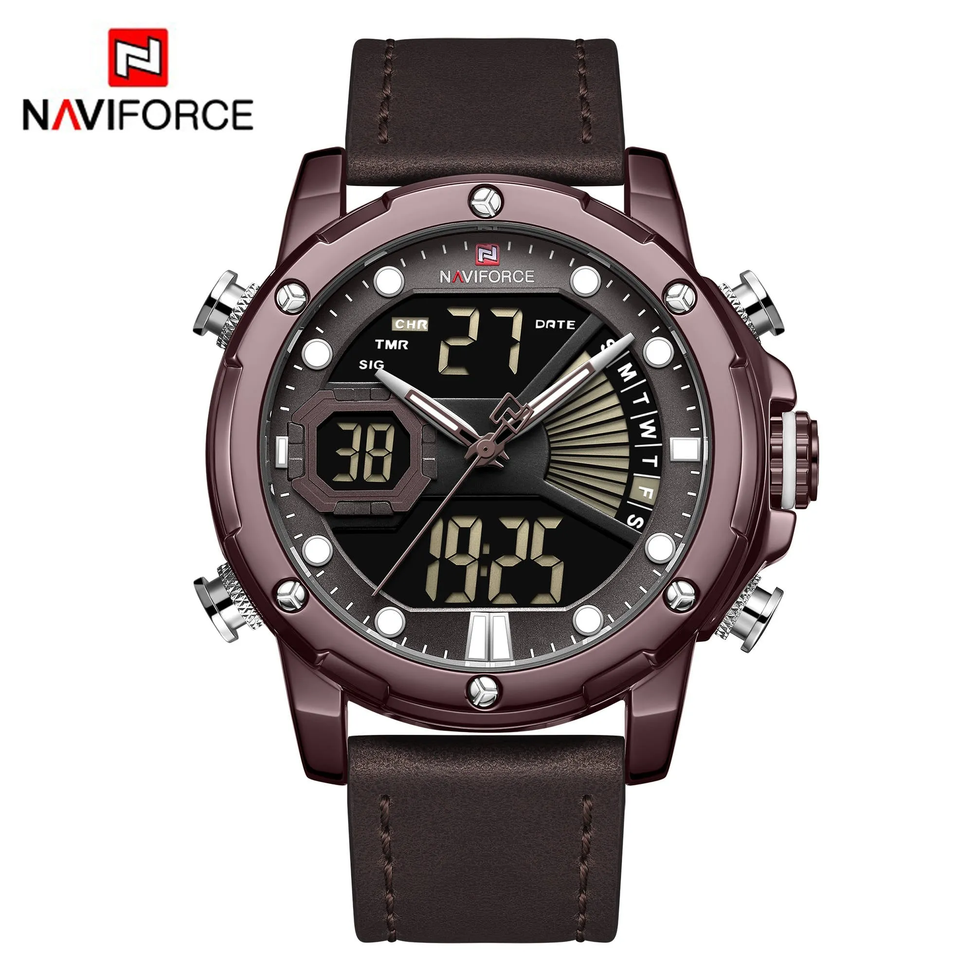 NAVIFORCE Men Military Sport Digital Watch Leather Strap Waterproof Quartz Watches NF9172L