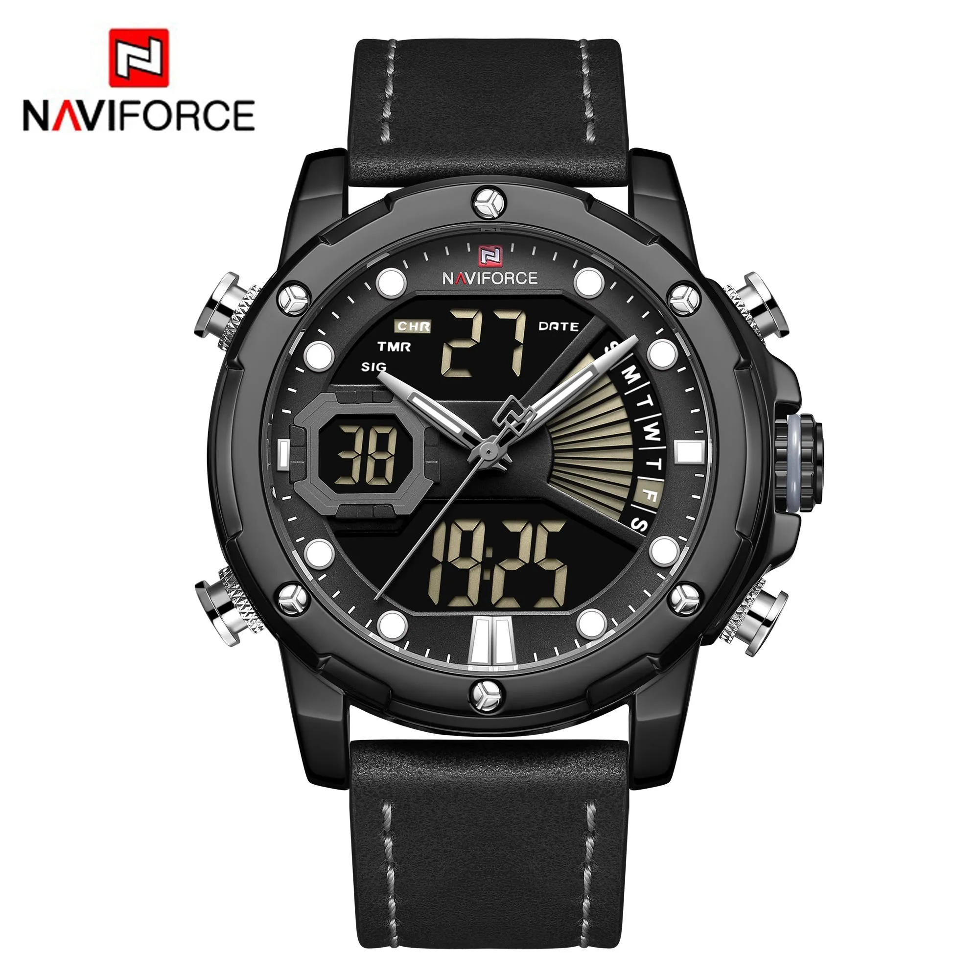 NAVIFORCE Men Military Sport Digital Watch Leather Strap Waterproof Quartz Watches NF9172L