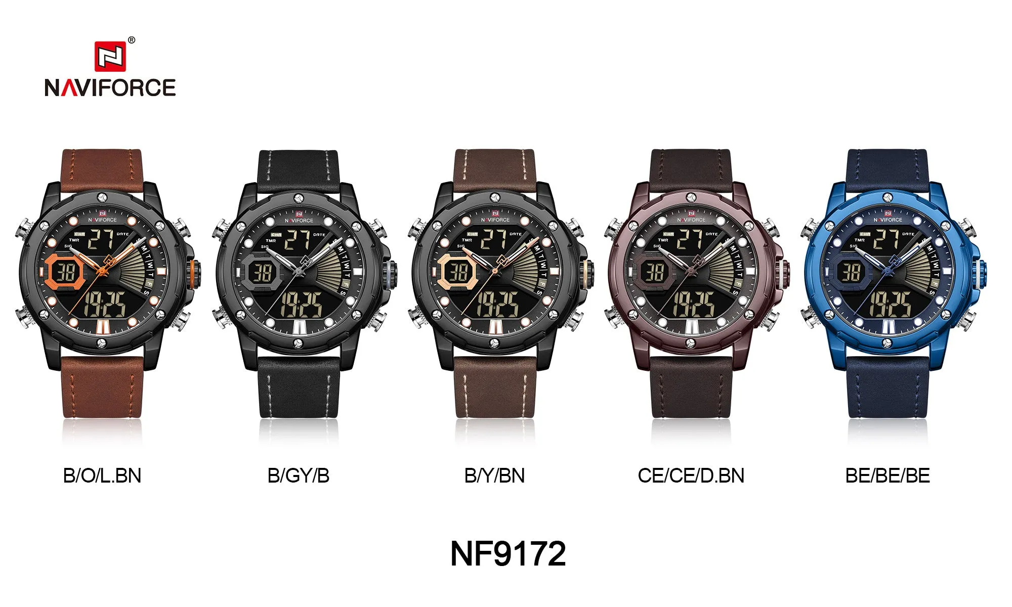 NAVIFORCE Men Military Sport Digital Watch Leather Strap Waterproof Quartz Watches NF9172L