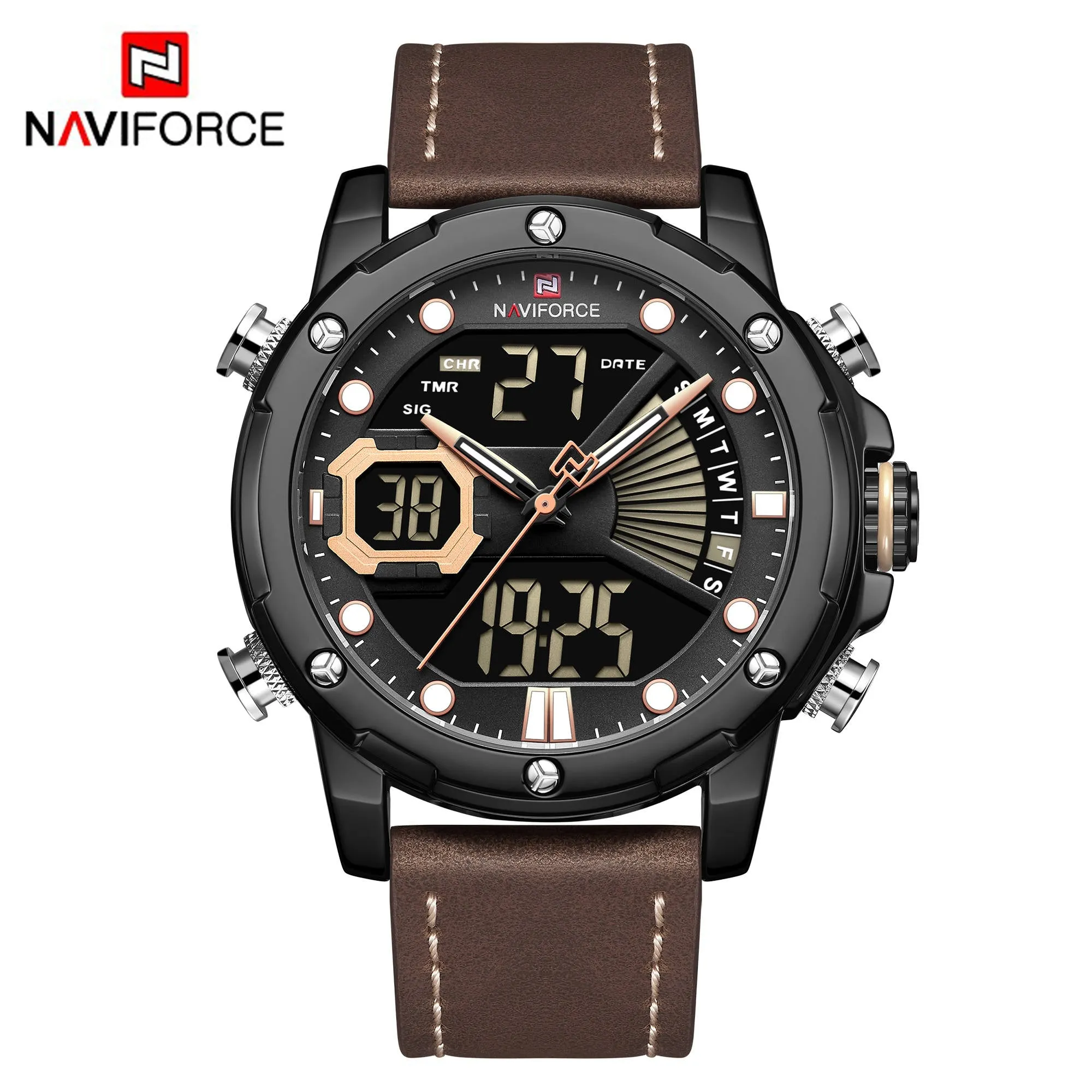 NAVIFORCE Men Military Sport Digital Watch Leather Strap Waterproof Quartz Watches NF9172L