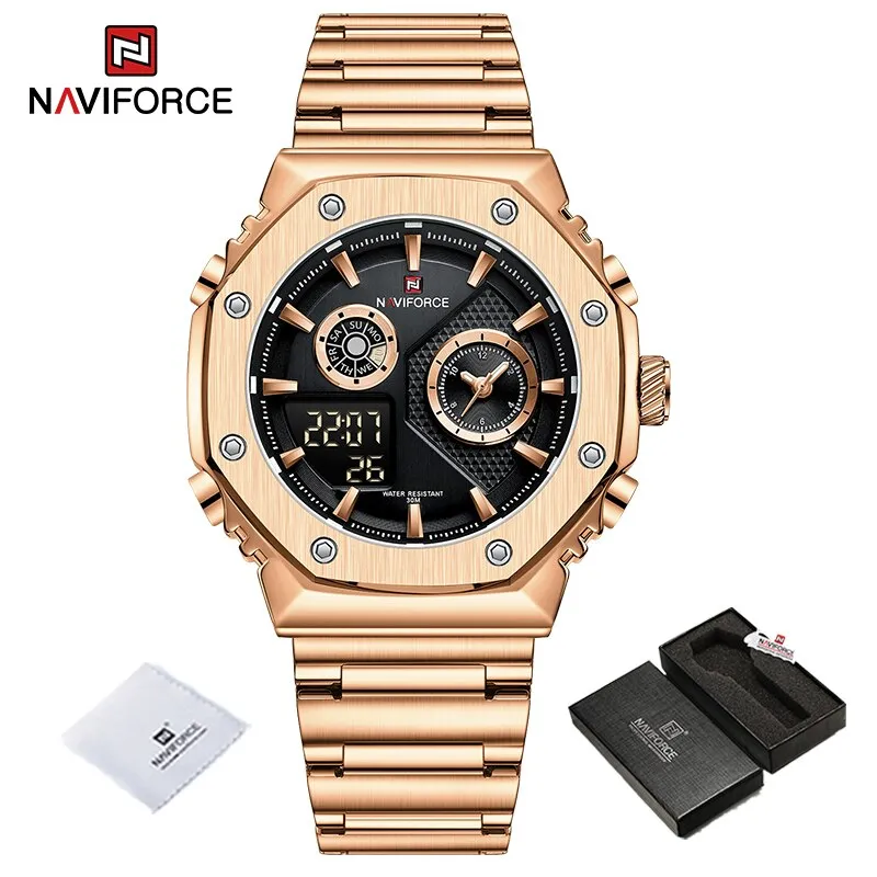 NAVIFORCE NF9216S New Fashionable Style Dual Time Display LCD Digital Analog Quartz Mens Watches Luminous Water Resistant Man Wristwatch