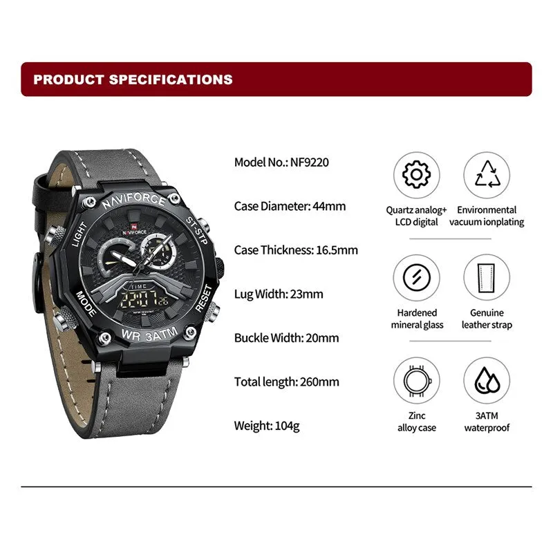 NAVIFORCE NF9220 Dual Display Digital Leather Strap Casual Sport Chronograph Clock Waterproof Quartz Men Watches Luxury 2023 New