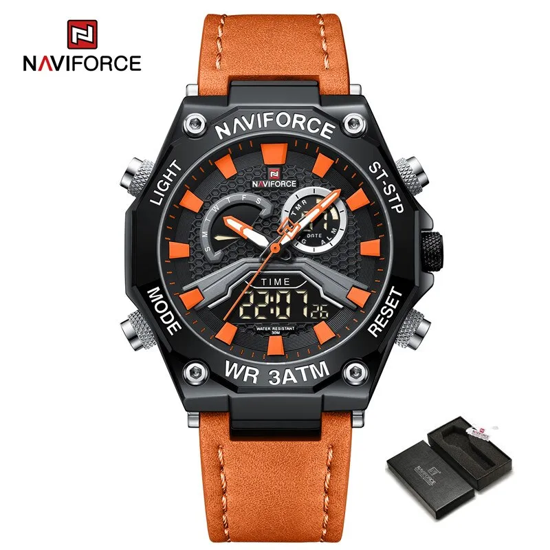 NAVIFORCE NF9220 Dual Display Digital Leather Strap Casual Sport Chronograph Clock Waterproof Quartz Men Watches Luxury 2023 New