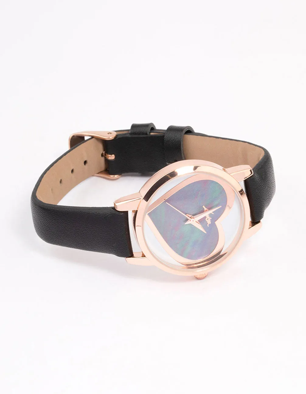 Rose Gold Coloured & Faux Leather Large Heart Face Watch