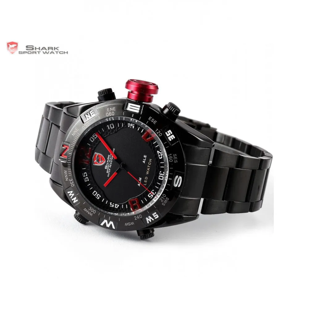 SHARK Sport Watch Black Stainless Steel Metal Band Strap Digital LED Date Alarm Red Montre Analog Quartz Men Military Gift