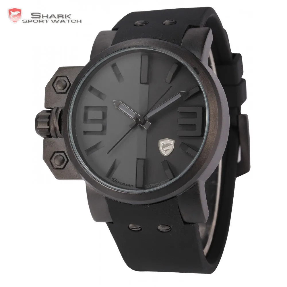 Shark Sport Watch Stainless Steel Case Full Black Dial Big Face Cool Men Silicone Strap Men Outdoor Military Wristwatch