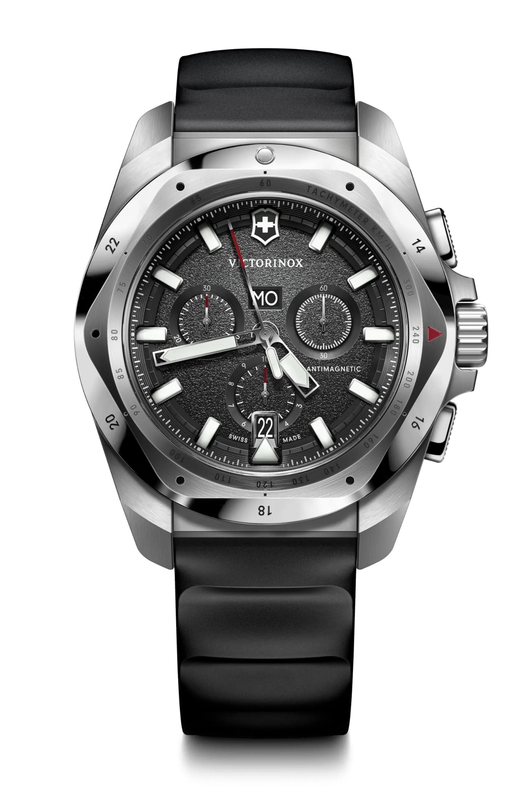 Victorinox I.N.O.X. Chrono, Black Dial, 43 mm, 200m Water Resistant, 241983| Black Rubber Strap, Large Swiss Made Chronograph Quartz Wrist Watch