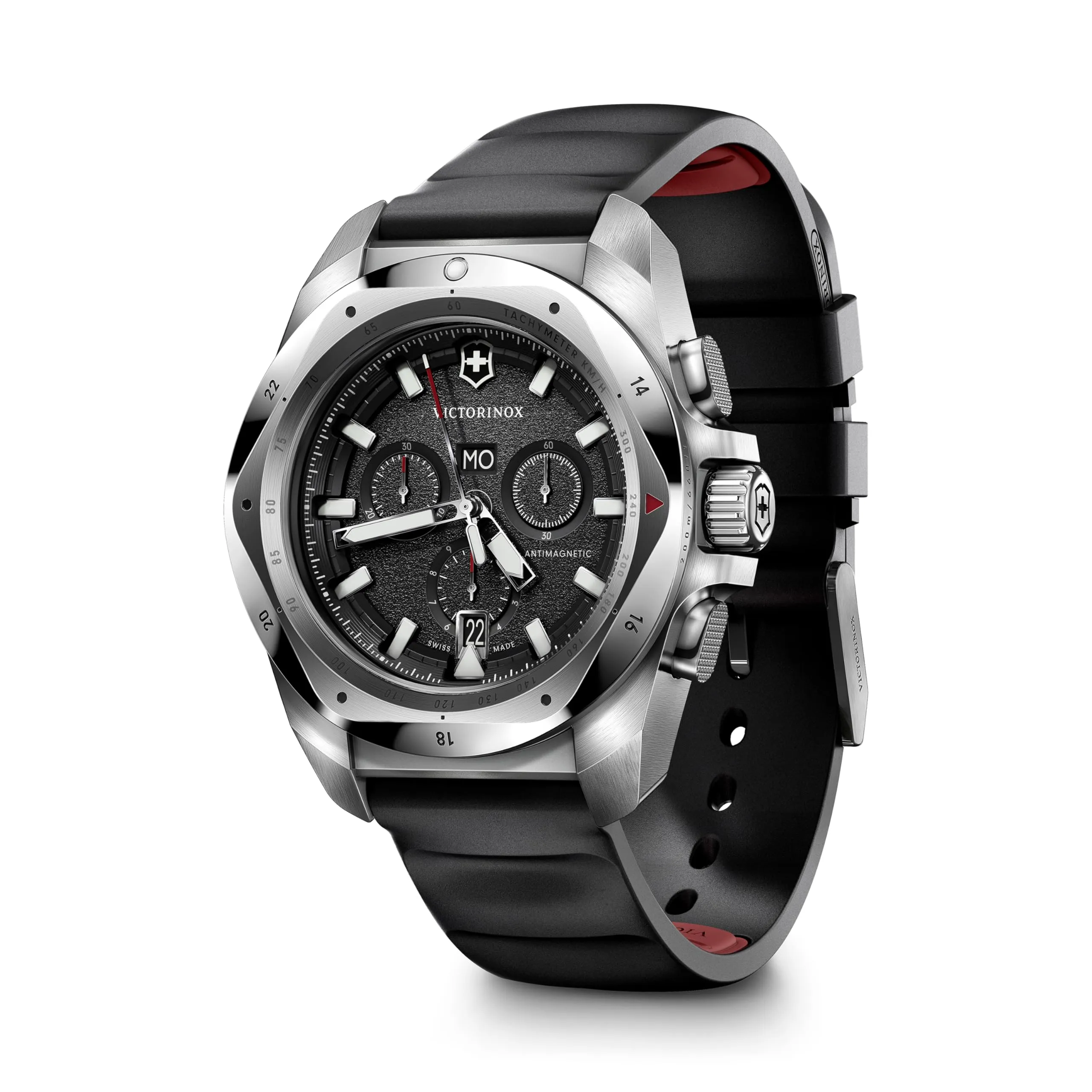 Victorinox I.N.O.X. Chrono, Black Dial, 43 mm, 200m Water Resistant, 241983| Black Rubber Strap, Large Swiss Made Chronograph Quartz Wrist Watch