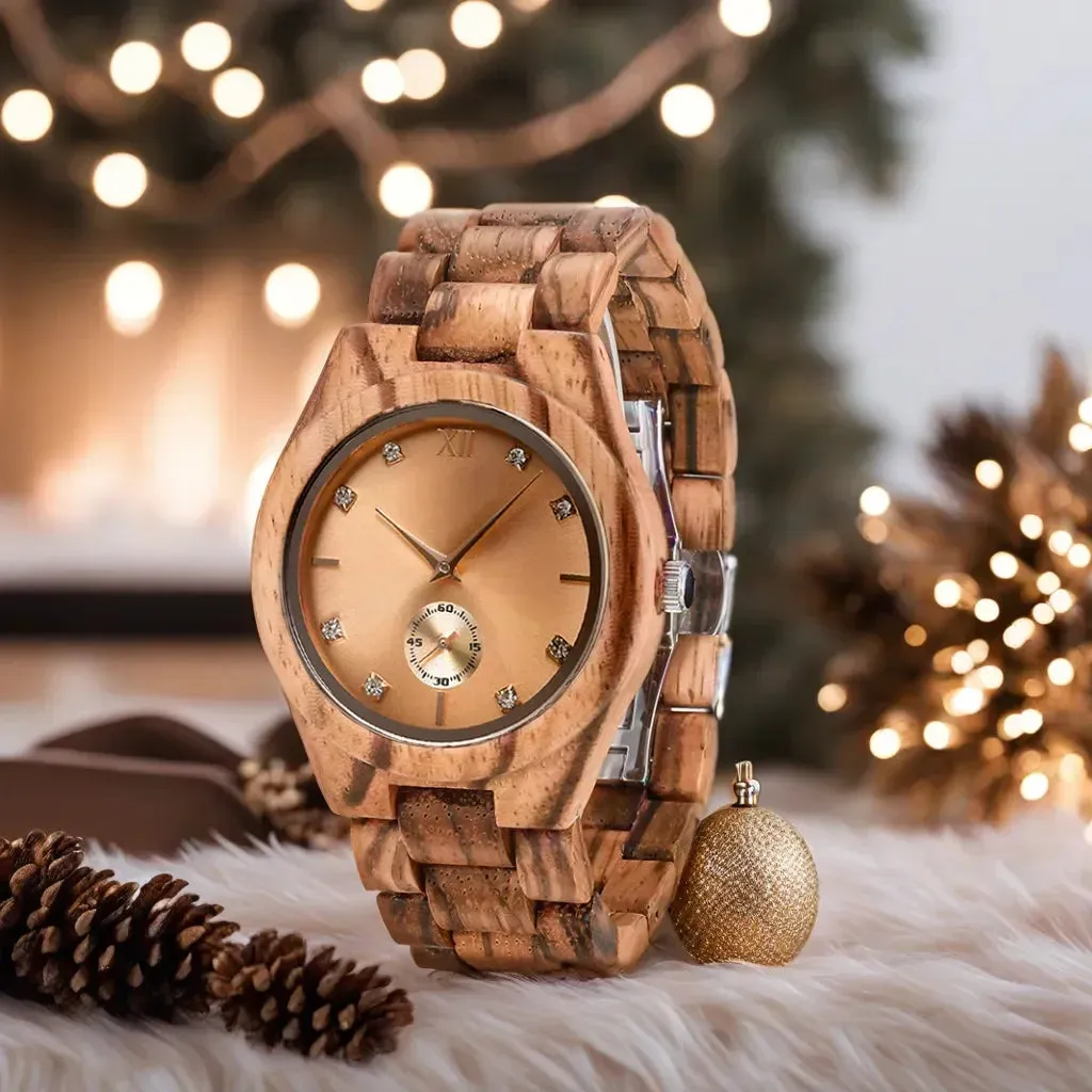 Women's Simulated Diamond Dial Wooden Clock Fashion Anniversary Personalized Viking Watch