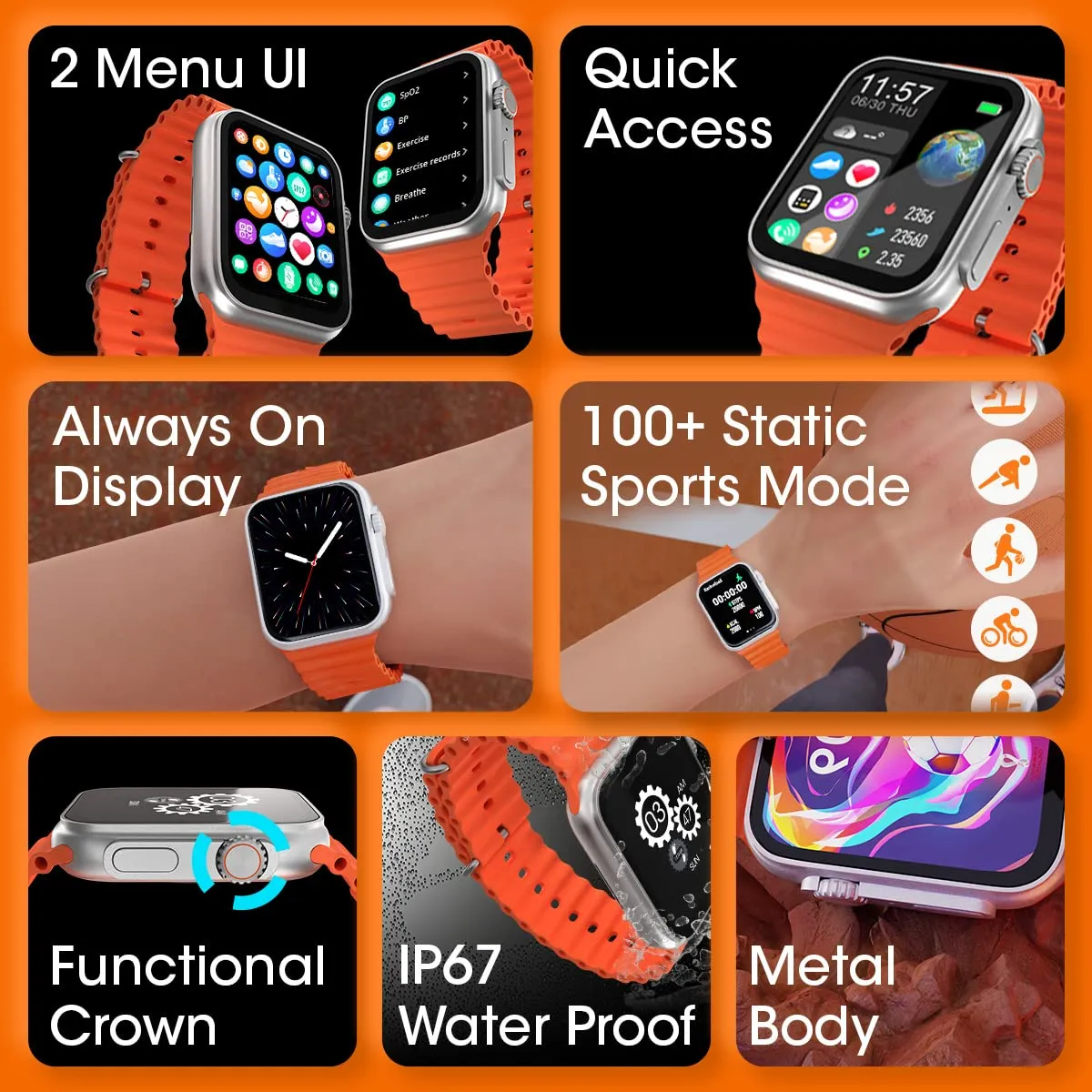 Zebronics ICONIC ULTRA AMOLED Smart watch with Calling Bluetooth 5.1, 1.78" (4.5cm) Large 2.5D screen, Voice assistant, Always ON Display, Built-in rechargeable battery & Female health- Silver Orange